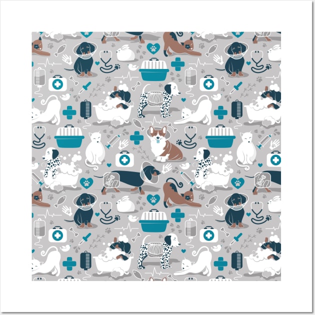 Veterinary medicine, happy and healthy friends // pattern // grey background turquoise details navy blue white and brown cats dogs and other animals Wall Art by SelmaCardoso